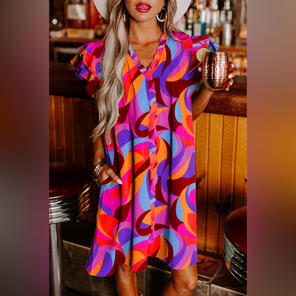 Orange Abstract Print Ruffled Sleeve Shift Dress Bohemian Mini - Picture 3 of 3